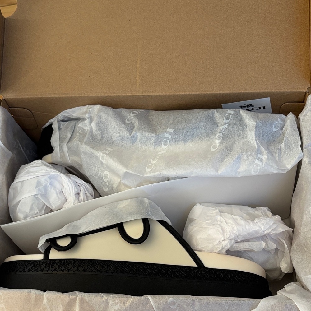 Coach Women's Black and White Buckle Sandals - Picture 8 of 9